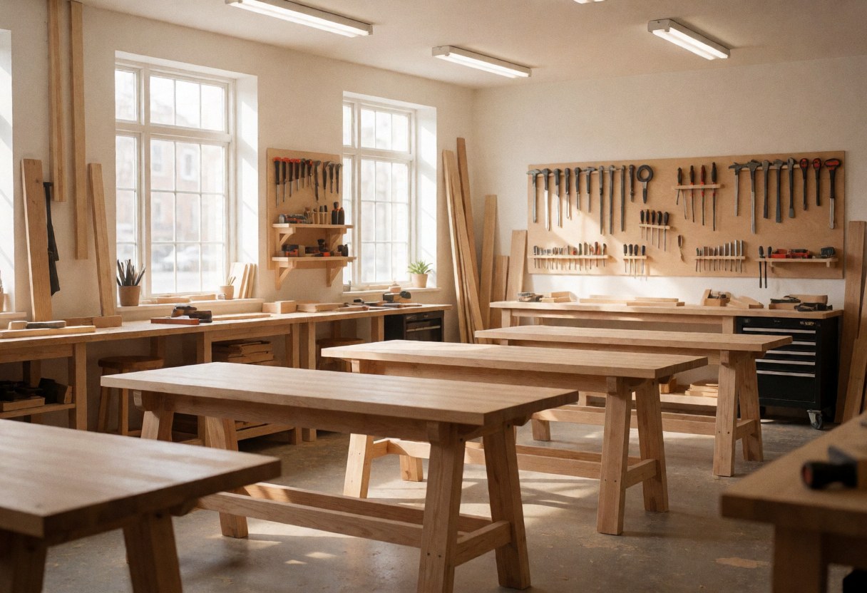 Atelier de menuiserie vide avec tables en bois et outils suspendus au mur, éclairé par la lumière naturelle.