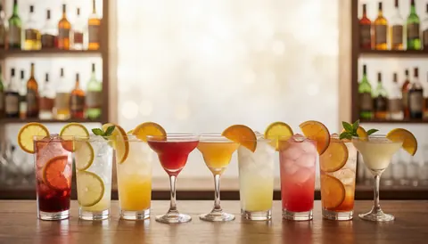 Comptoir de bar présentant divers cocktails colorés garnis d'oranges et de citrons, avec des bouteilles d'alcool en arrière-plan.