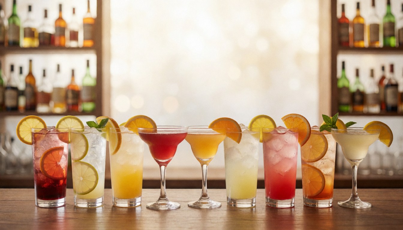 Comptoir de bar présentant divers cocktails colorés garnis d'oranges et de citrons, avec des bouteilles d'alcool en arrière-plan.
