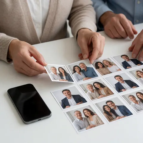 Des mains d'adulte arrangeant des portraits professionnels sur une table blanche, avec un smartphone à côté.