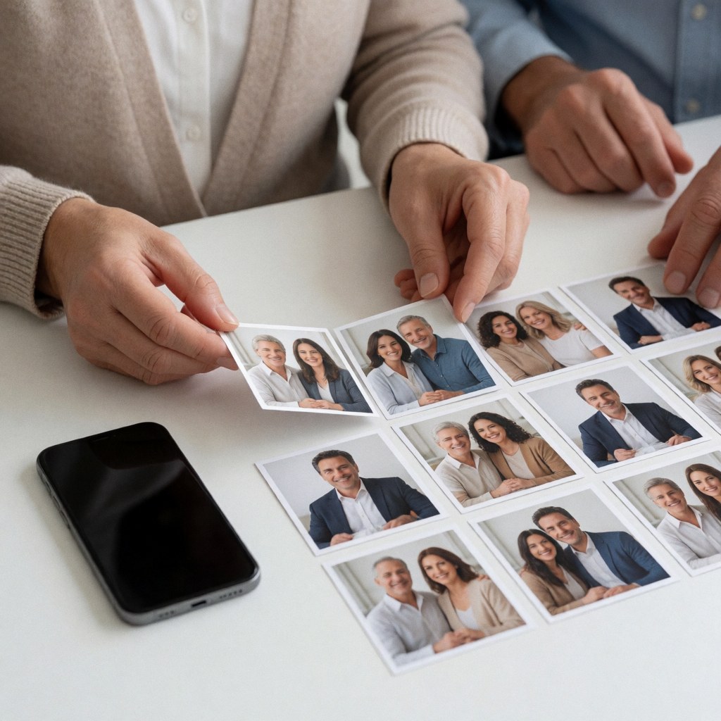 Des mains d'adulte arrangeant des portraits professionnels sur une table blanche, avec un smartphone à côté.