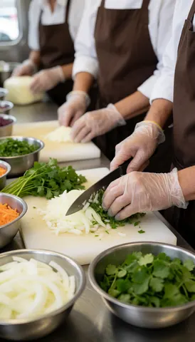 Des mains gantées tranchent de l'oignon et de la coriandre sur des planches dans une cuisine professionnelle équipée de récipients métalliques.