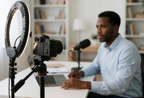 Un homme en tenue professionnelle filme un cours à domicile avec une caméra, un microphone et un éclairage de studio.