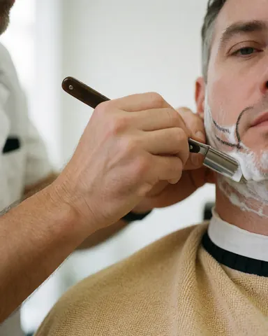 Un barbier utilise une lame pour raser la barbe d'un client enduit de crème à raser dans un salon.