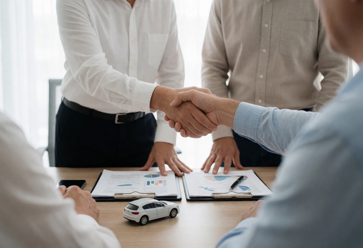 Vue rapprochée de deux professionnels masculins en costume qui serrent la main au-dessus d'un bureau en bois chargé de documents et d'un modèle réduit de voiture.