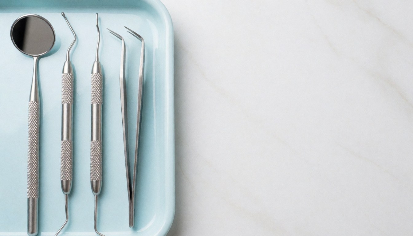Des instruments dentaux en acier inoxydable disposés sur un plateau bleu posé sur une surface en marbre blanc.