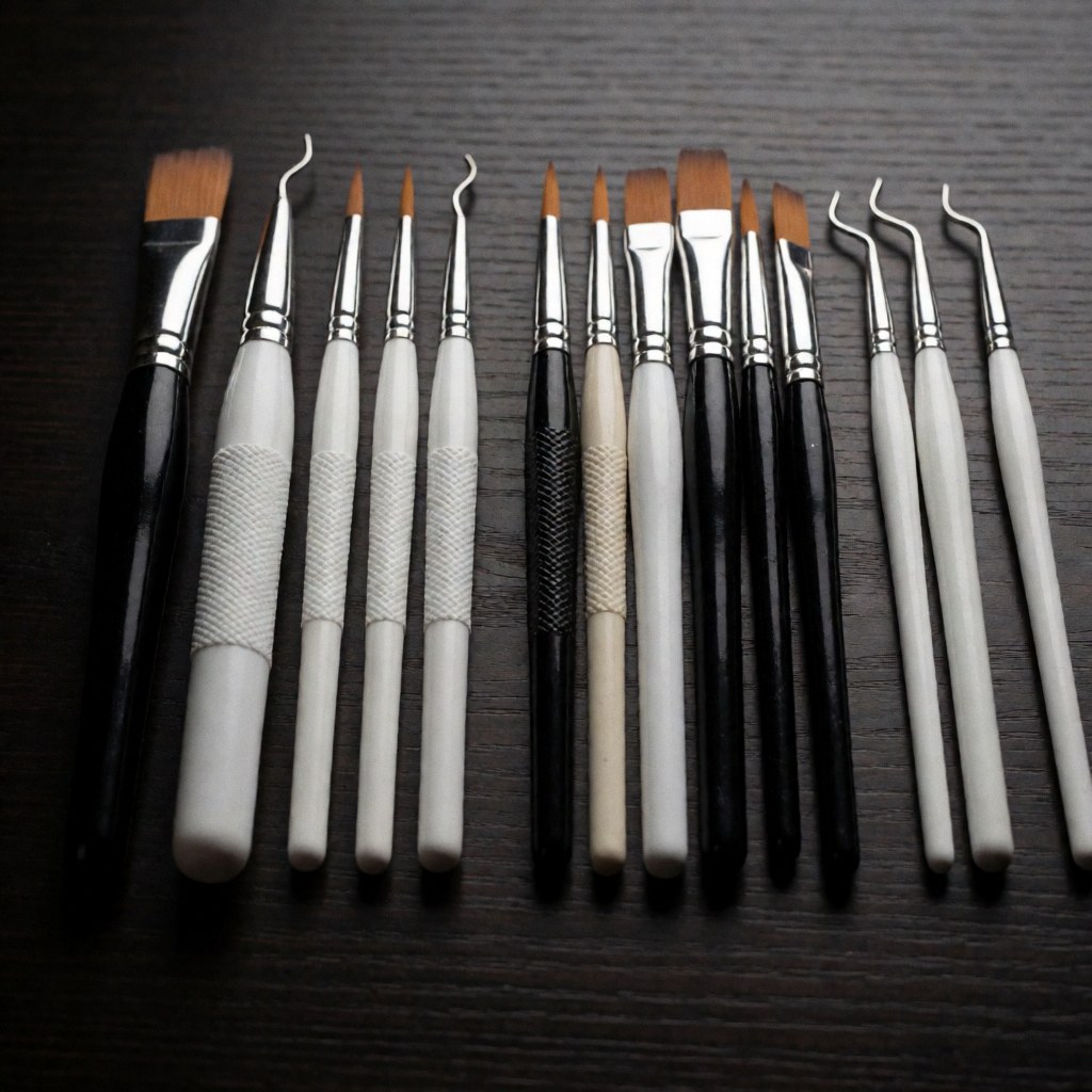 Vue rapprochée d'un ensemble d'outils de manucure et de pédicure, pinceaux et pinces, disposés sur une table en bois sombre.
