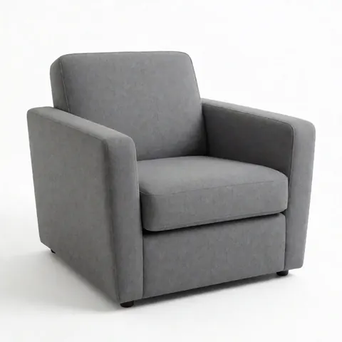 Chaise de salon moderne en tissu gris au design carré, idéale pour un intérieur contemporain ou un espace de travail.