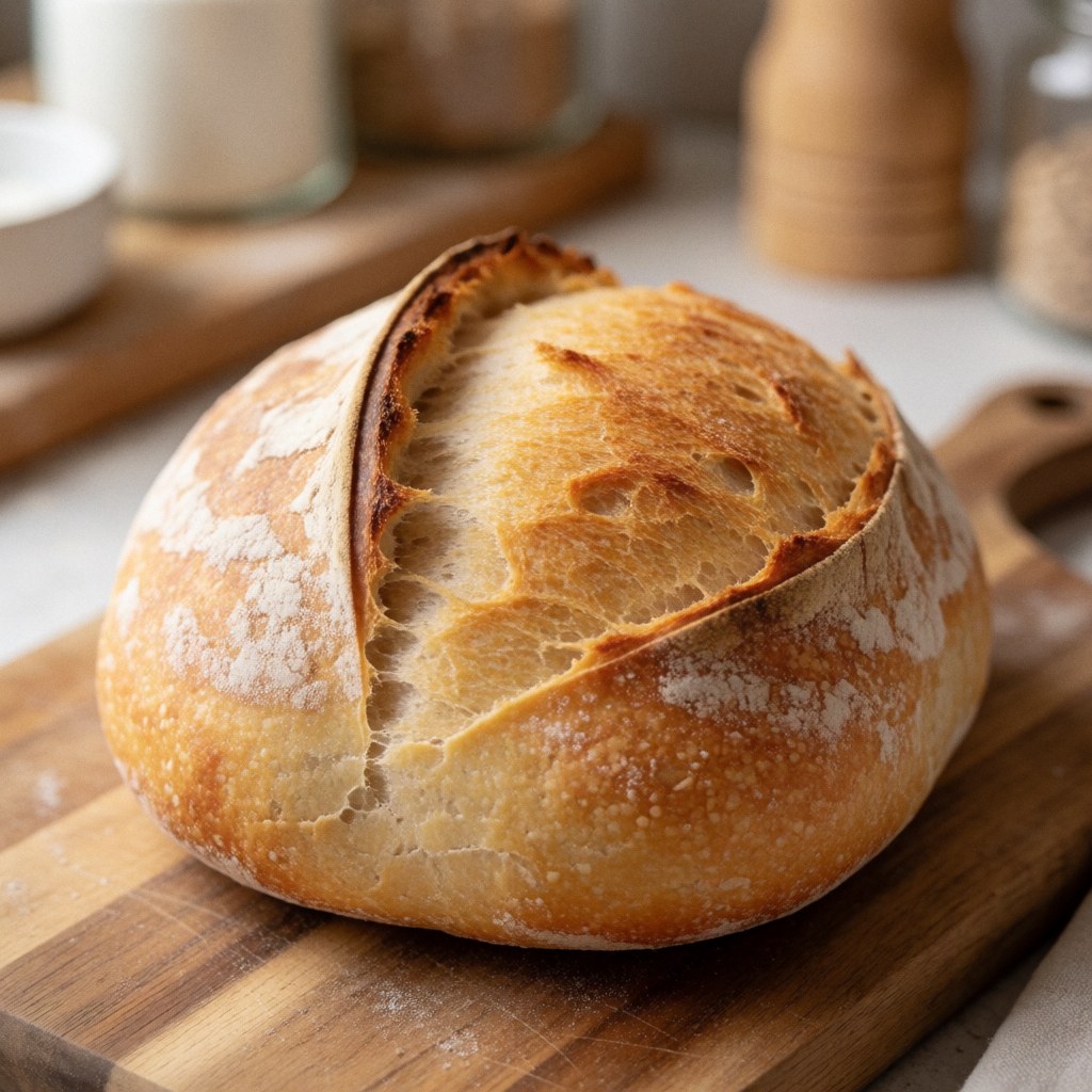 Tranche de pain artisanal à la mie visible posée sur une planche en bois, vue rapprochée d'un produit de boulangerie frais.