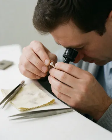Un bijoutier inspecte attentivement une bague en diamant à l'aide d'une loupe sur une table de travail équipée d'outils de joaillerie.