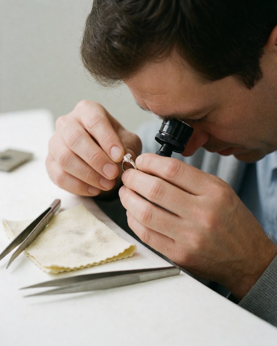 Un bijoutier inspecte attentivement une bague en diamant à l'aide d'une loupe sur une table de travail équipée d'outils de joaillerie.