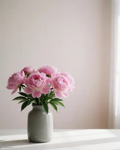 Un bouquet de pivoones roses disposé dans un vase gris sur une table blanche baignée de lumière naturelle.