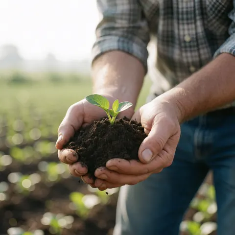 Une main tient de la terre avec une petite plante verte dans un champ agricole.