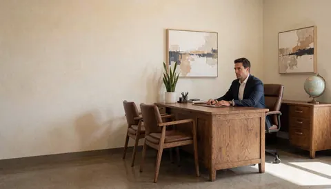 Un homme d'affaires mature en costume est assis à un bureau en bois dans un bureau moderne aux murs clairs et aux chaises en cuir.