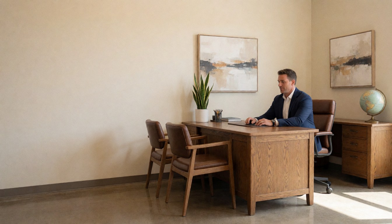Un homme d'affaires mature en costume est assis à un bureau en bois dans un bureau moderne aux murs clairs et aux chaises en cuir.