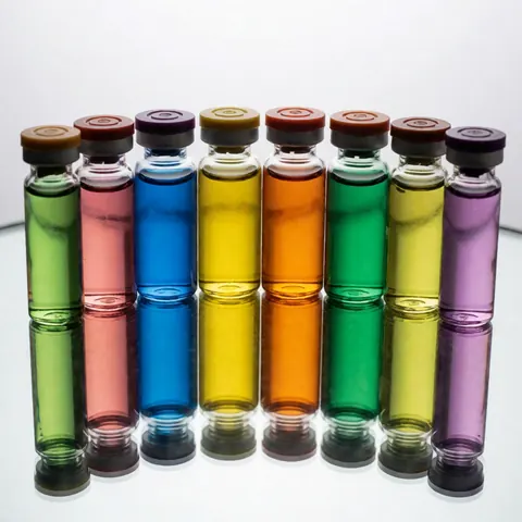 Sept flacons en verre remplis de liquides aux couleurs vives alignés sur une surface réfléchissante.