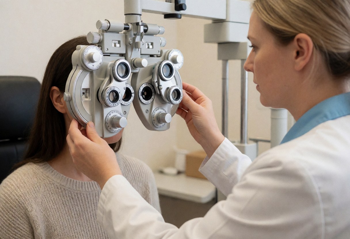 Un opticien ajuste un phoroptère devant les yeux d'une cliente lors d'un contrôle visuel en clinique.