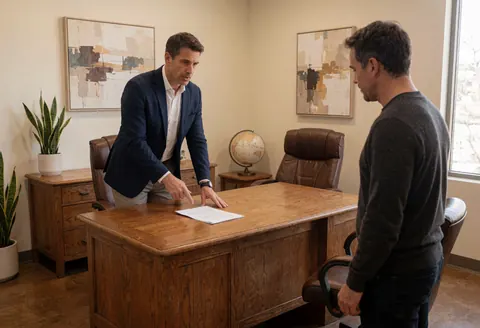 Un consultant en costume pointe un document sur une table en bois pendant qu'un client observe dans un bureau.