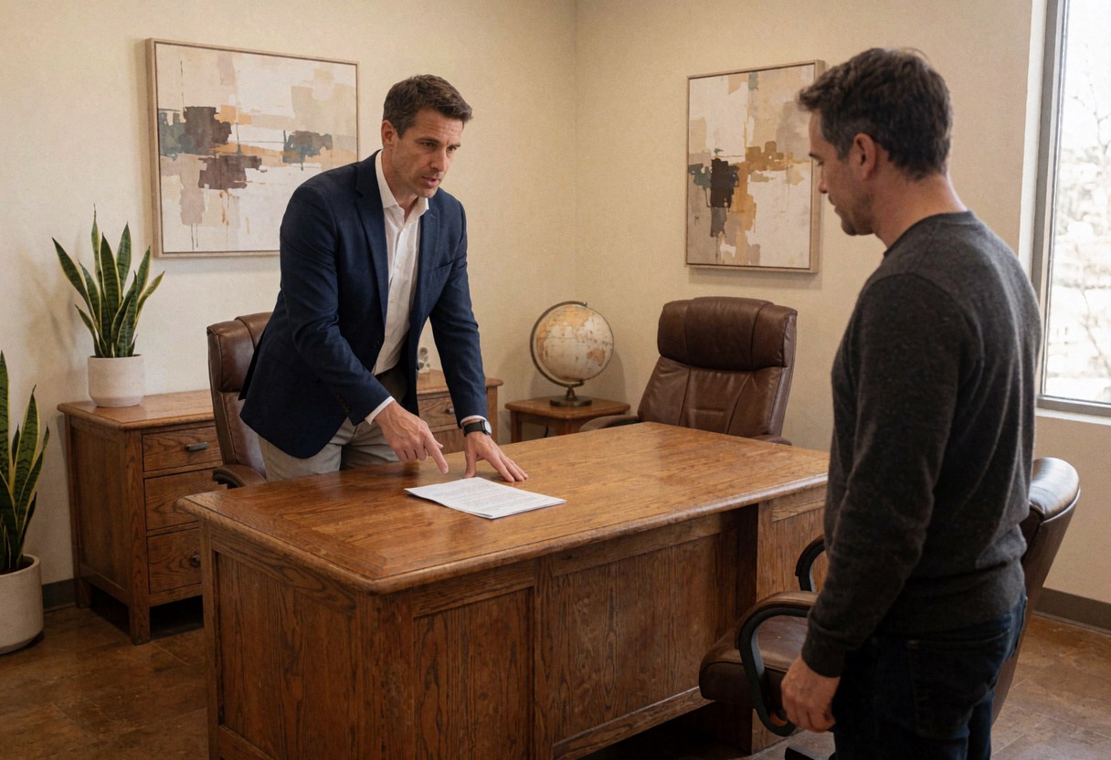 Un consultant en costume pointe un document sur une table en bois pendant qu'un client observe dans un bureau.