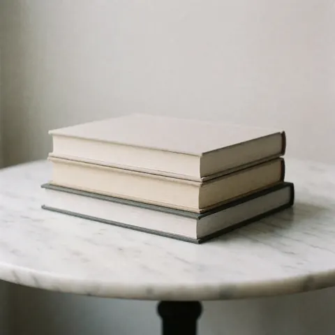 Trois livres aux couvertures unies reposent sur une table basse en marbre blanc veiné de gris, évoquant calme et ordre.