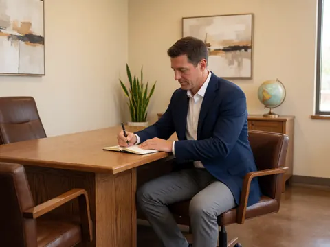 Un homme en costume écrit dans un carnet sur une table en bois dans un bureau moderne avec plantes et globe terrestre.