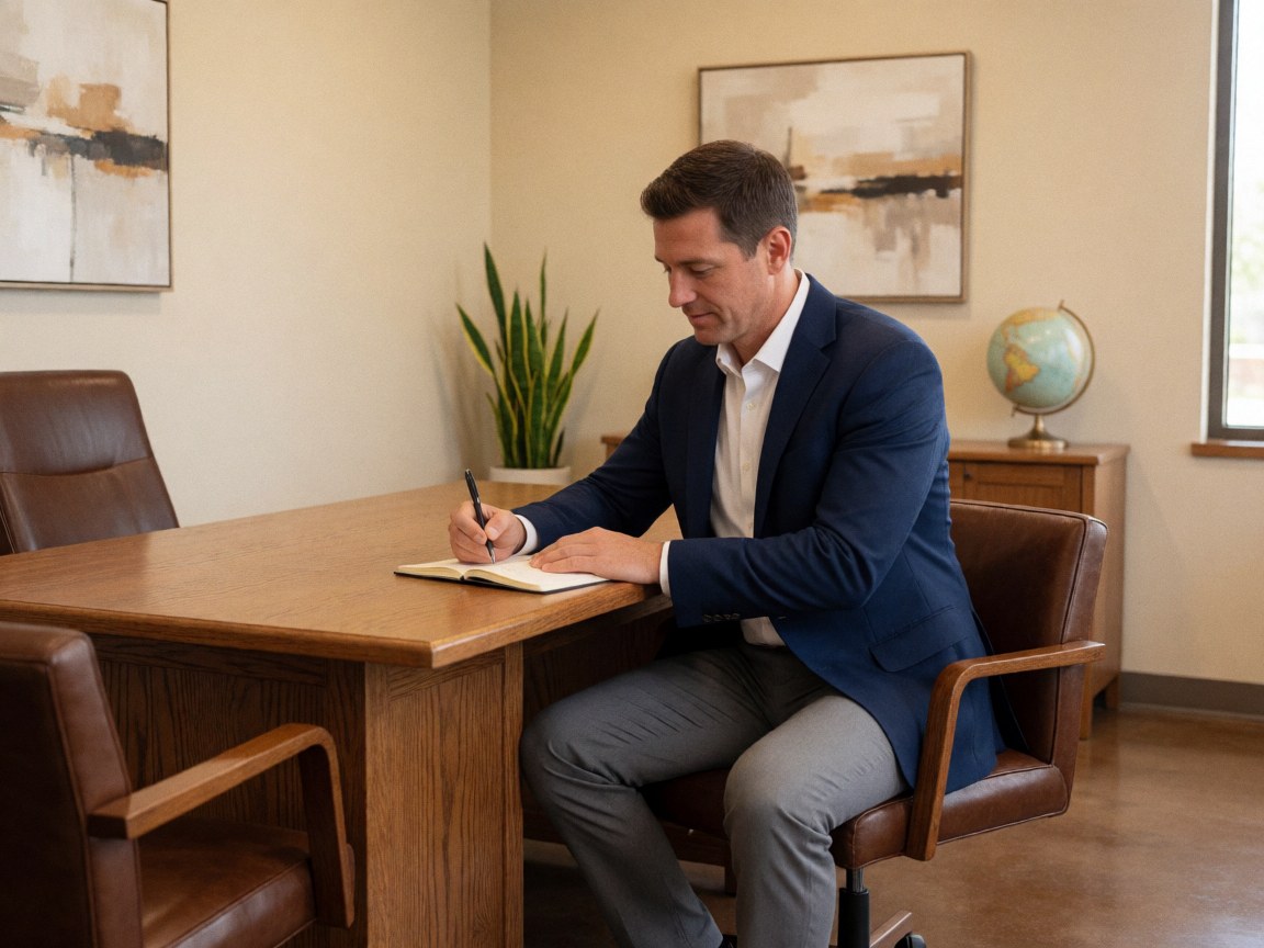 Un homme en costume écrit dans un carnet sur une table en bois dans un bureau moderne avec plantes et globe terrestre.