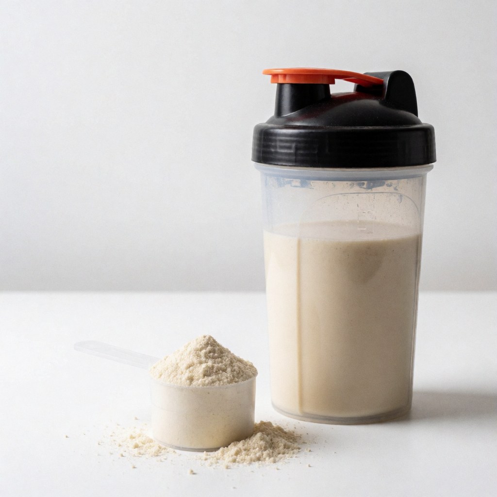 Bouteille shaker contenant un shake protéiné, accompagnée d'une cuillère doseuse remplie de poudre blanche sur fond uni clair.
