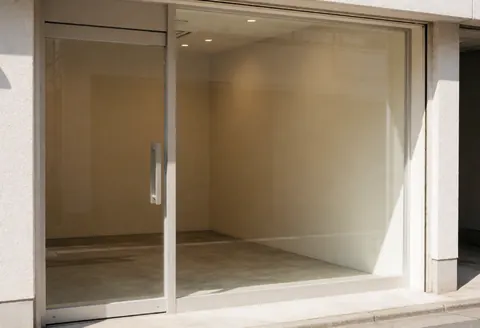 Vue d'une entrée de bureau moderne équipée d'une porte en verre transparent et de murs beige vides, offrant un espace neutre adapté à la consultation ou à l'accueil.