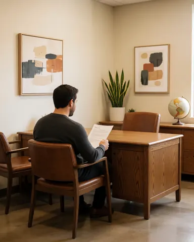 Un homme assis sur une chaise de bureau examine un document posé sur une table en bois, avec une plante et un globe terrestre en arrière-plan.