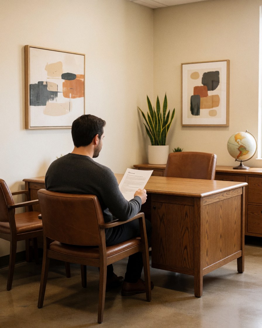 Un homme assis sur une chaise de bureau examine un document posé sur une table en bois, avec une plante et un globe terrestre en arrière-plan.