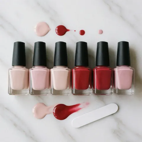 Sept flacons d'émail rose et rouge posés sur une surface en marbre blanc parsemée de taches de peinture avec un dissolvant.