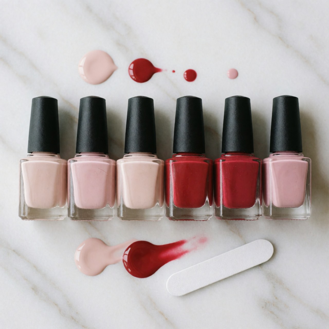 Sept flacons d'émail rose et rouge posés sur une surface en marbre blanc parsemée de taches de peinture avec un dissolvant.