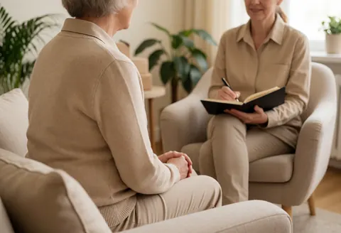 Une thérapeute prend des notes alors qu'une cliente lui parle lors d'une séance de psychologie en cabinet.