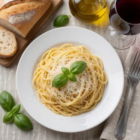 Assiette de pâtes garnie de fromage râpé, basilic frais, huile d'olive et pain sur une table de salle à manger.
