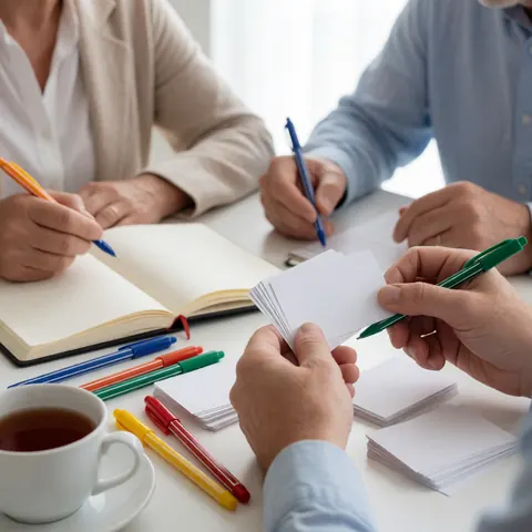 Trois personnes à une table étudient du vocabulaire avec des cartes et des cahiers, utilisant des stylos colorés et une tasse de thé.