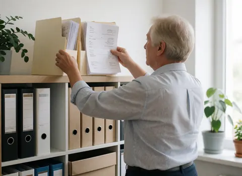 Un comptable adulte vérifie des documents financiers sur une étagère remplie de classeurs et de plantes en intérieur.