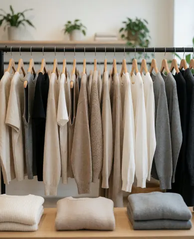 Des pulls aux couleurs neutres sont suspendus à des cintres et pliés sur une table en bois dans un magasin de vêtements.