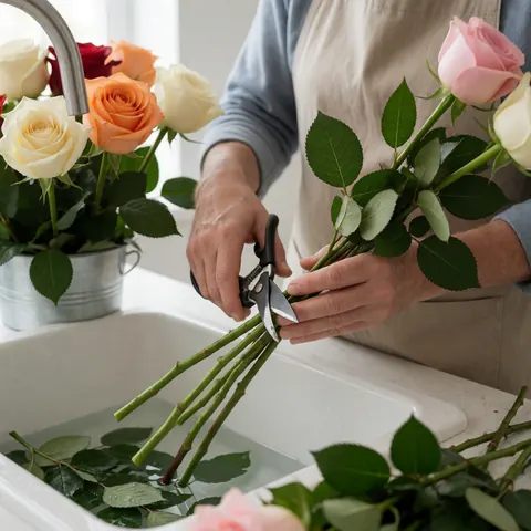 Des mains coupent des tiges de roses avec des ciseaux à côté d'un lavabo rempli d'eau et de fleurs.