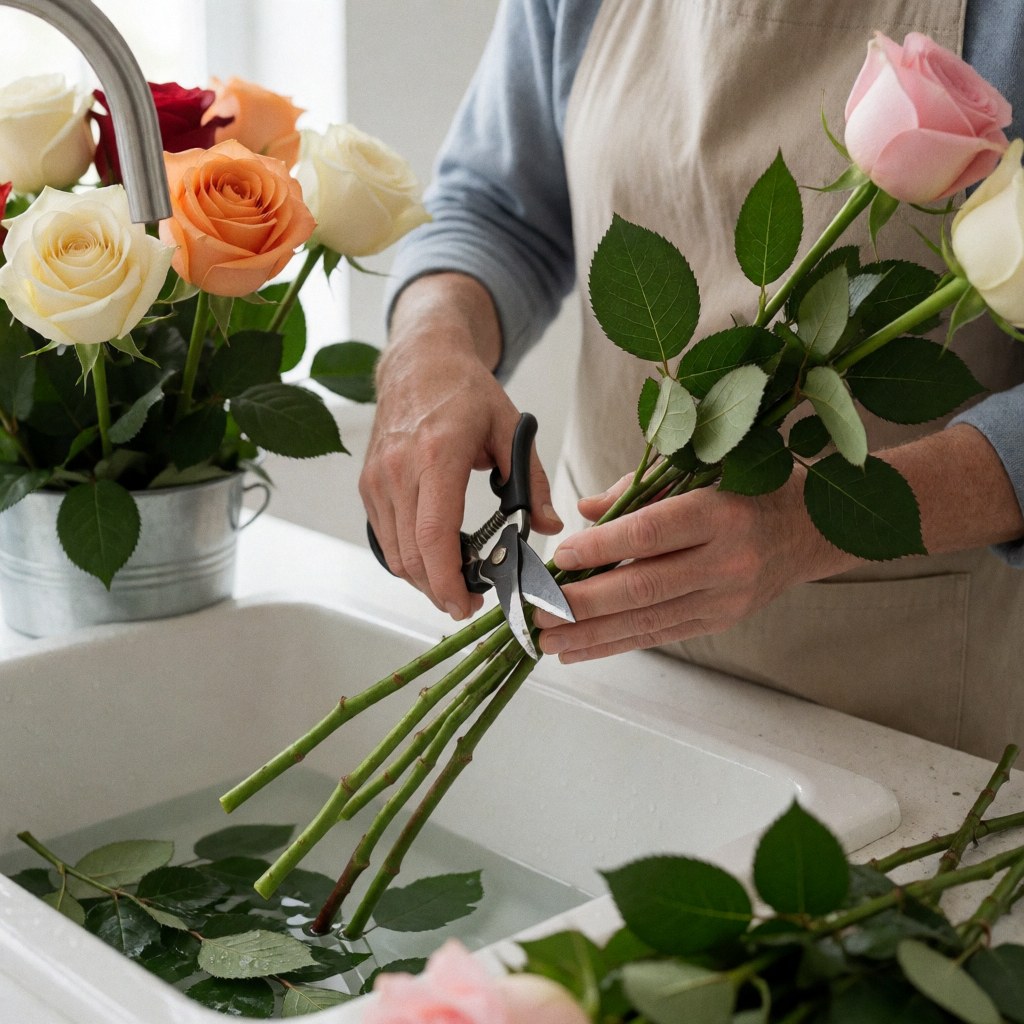 Des mains coupent des tiges de roses avec des ciseaux à côté d'un lavabo rempli d'eau et de fleurs.