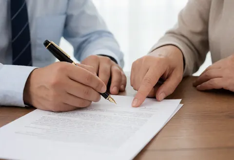Plan rapproché des mains de deux professionnels signant un document important à l'aide d'un stylo noir sur un bureau en bois clair.