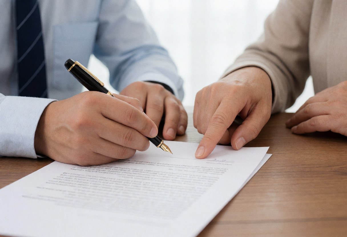Plan rapproché des mains de deux professionnels signant un document important à l'aide d'un stylo noir sur un bureau en bois clair.
