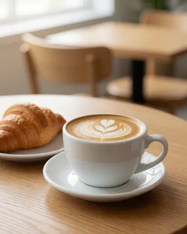 Tasse blanche contenant un café avec motif de lait posée à côté d'un croissant cuit au four sur une surface en bois clair dans un établissement de restauration.