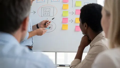 Une personne explique un diagramme avec des marqueurs sur un tableau blanc garni de post-it, tandis que d'autres observent attentivement.