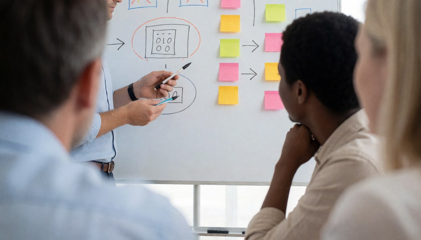 Une personne explique un diagramme avec des marqueurs sur un tableau blanc garni de post-it, tandis que d'autres observent attentivement.