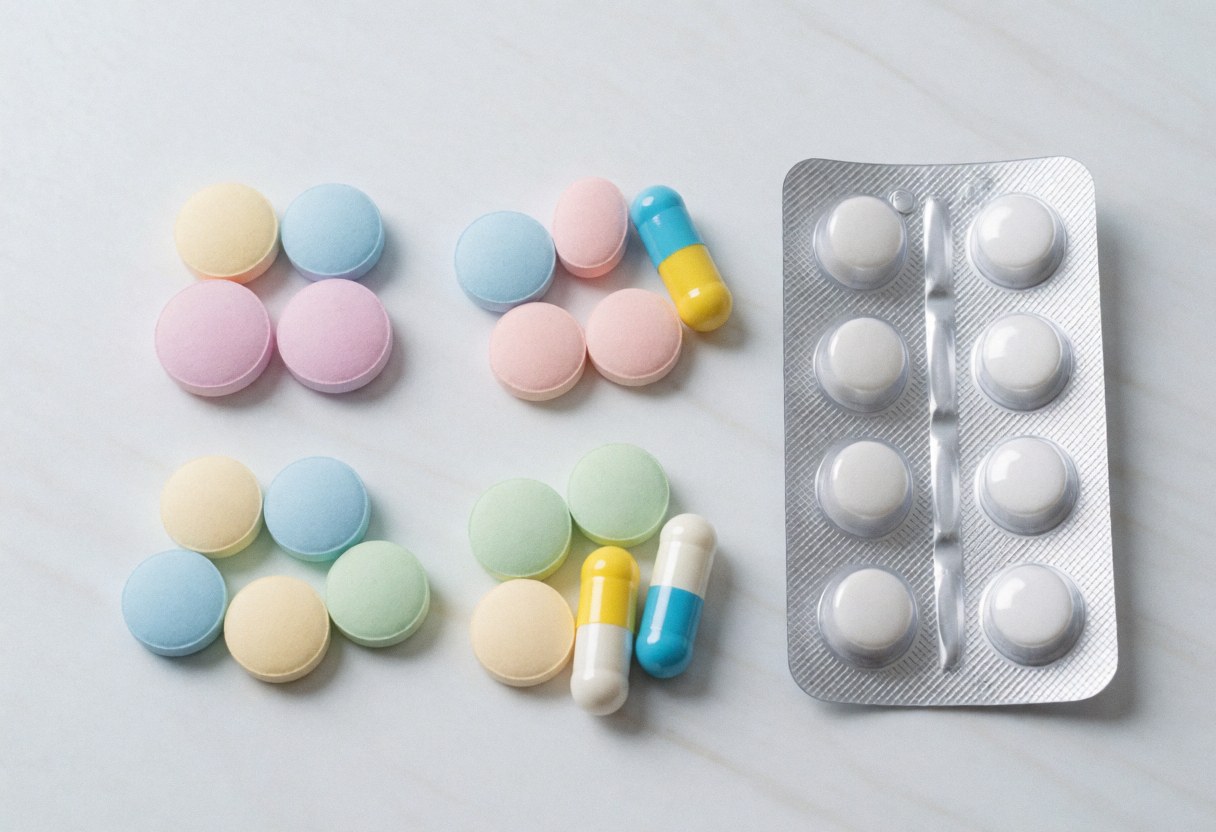 Diverses pastilles et capsules colorées disposées sur une surface blanche, incluant un blister contenant des comprimés blancs.