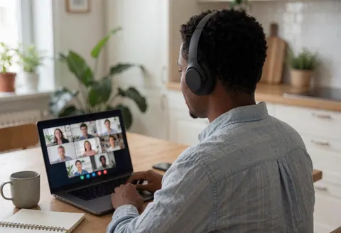 Un homme portant un casque participe à une réunion vidéo depuis sa cuisine avec un ordinateur portable.
