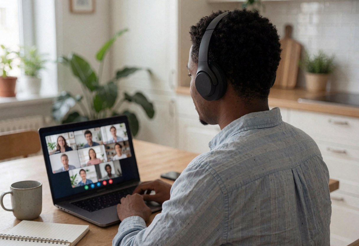 Un homme portant un casque participe à une réunion vidéo depuis sa cuisine avec un ordinateur portable.