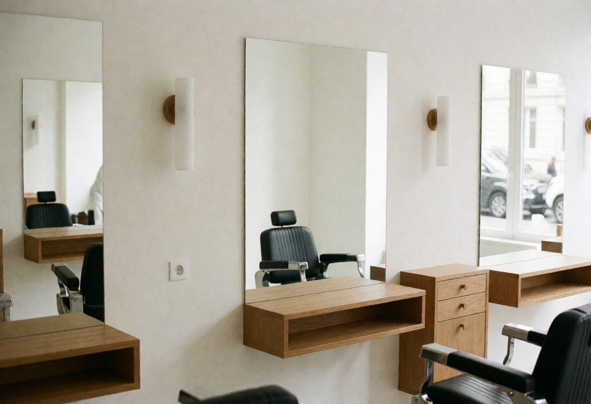 Vue intérieure d'un salon de barbier avec des chaises noires, des miroirs et des tables en bois sur fond de murs blancs.