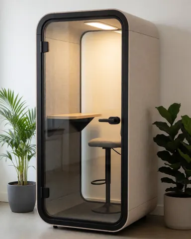 Cubicle acoustique moderne avec table et chaise, idéal pour travailler au calme dans un bureau ou un espace de coworking.