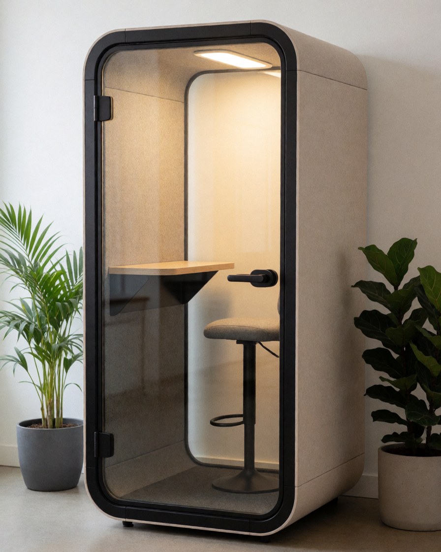 Cubicle acoustique moderne avec table et chaise, idéal pour travailler au calme dans un bureau ou un espace de coworking.